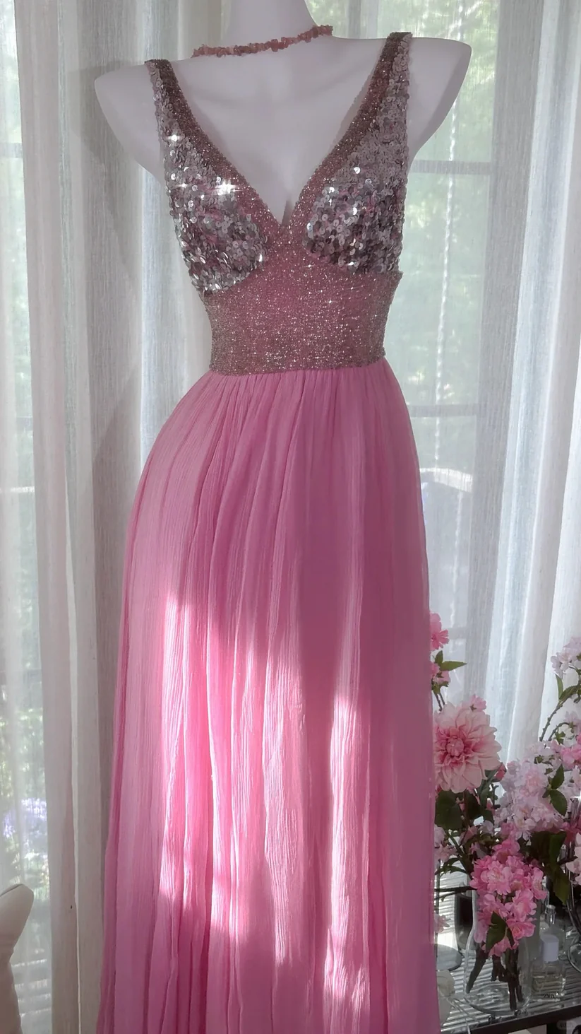 Shiny Pink Beaded Silver Sequin V Neck Chiffon Date Dress Evening Dress Wedding Guest Dress SH3438