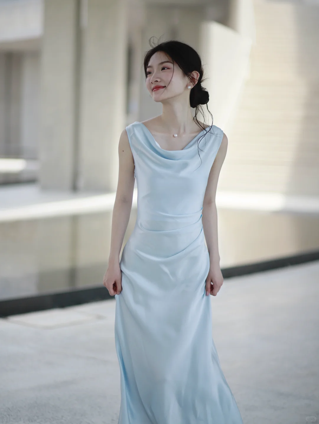 Gentle Baby Blue Sheath Straps Pleated Satin Prom Dress Evening Dress SH4215