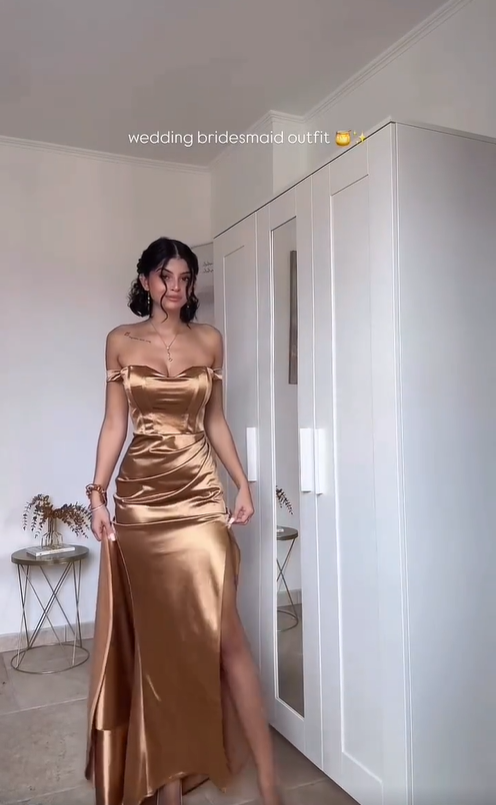 Pretty Mermaid Off the Shoulder Slit Satin Wedding Bridesmaid Dress Outfits SH4961