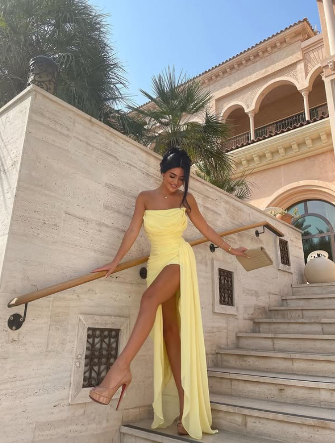 Yellow Sheath Strapless Pleated Chiffon Long Prom Dress Evening Dress with Slit SH4265