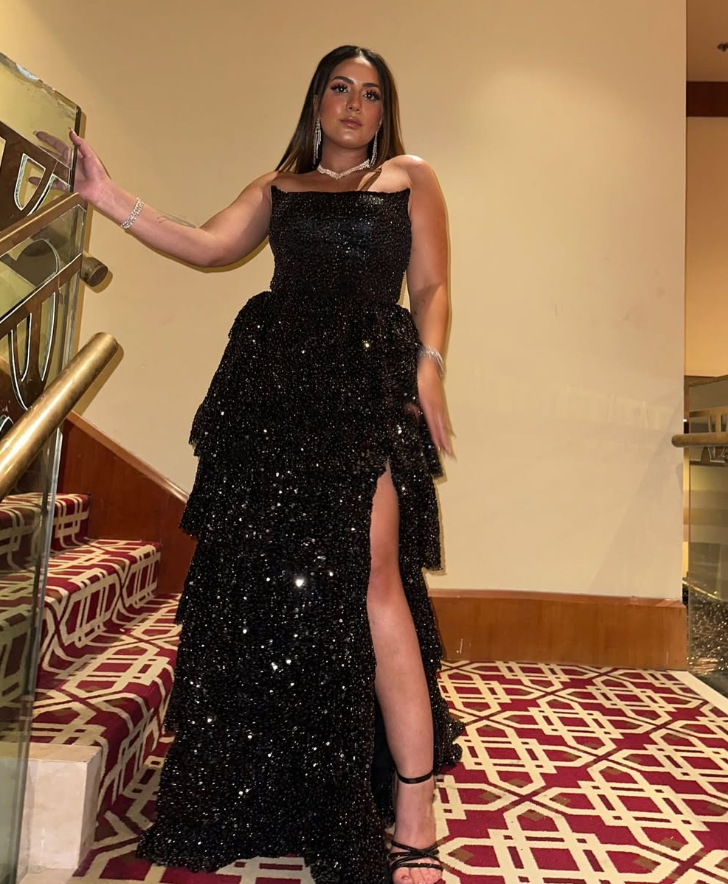 Sexy A Line Strapless Tiered Black Sequin Long Prom Dress Graduation Prom Dress with Slit SH2601