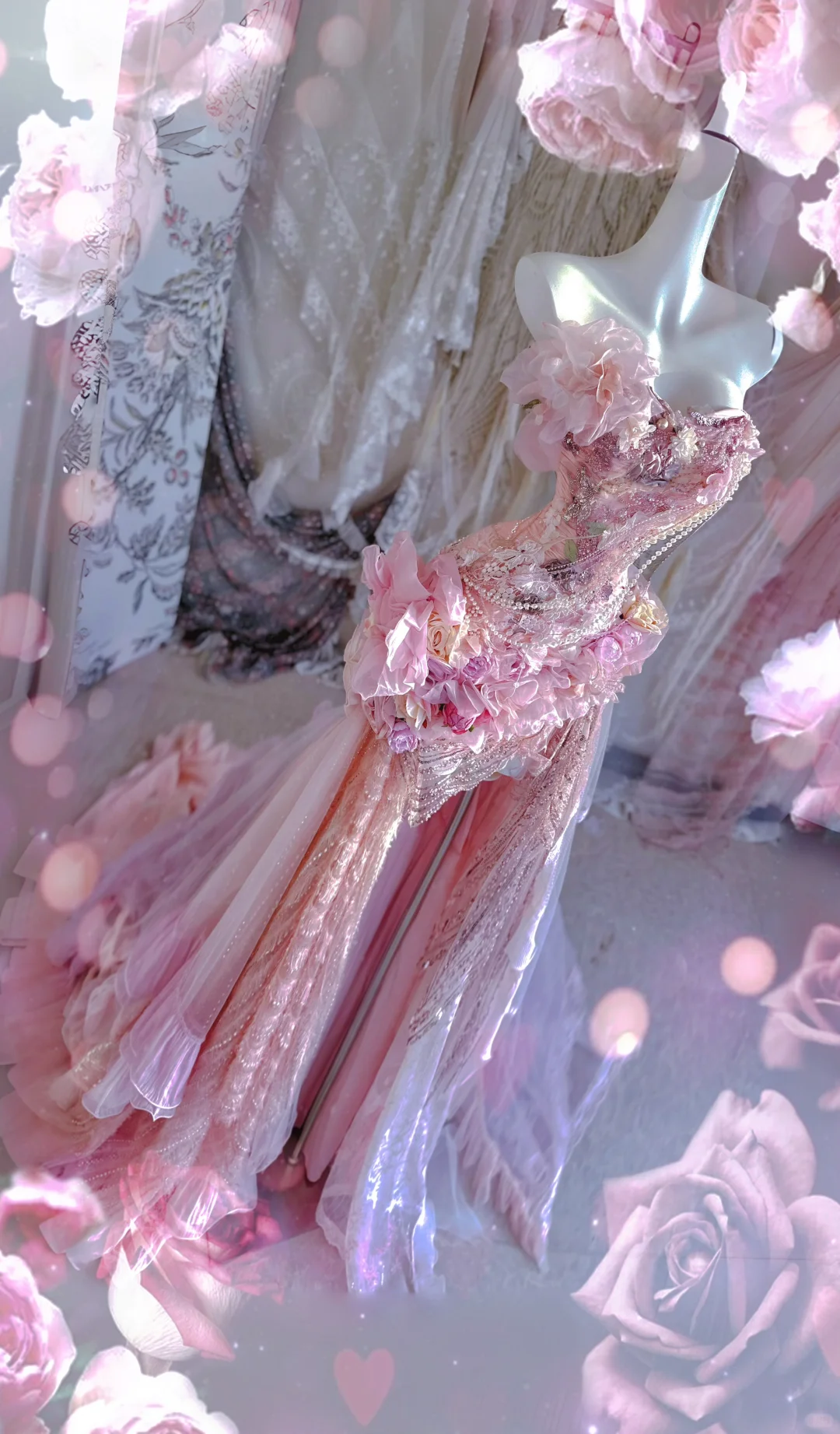Pink Exquisite Mermaid Sweetheart Neck Floral Beaded Tulle Prom Dress 16th Birthday Dress SH4264