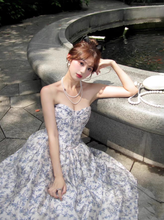 Blue A Line Sweetheart Neck Print Floral Satin Prom Dress 16th Birthday Dress SH3984