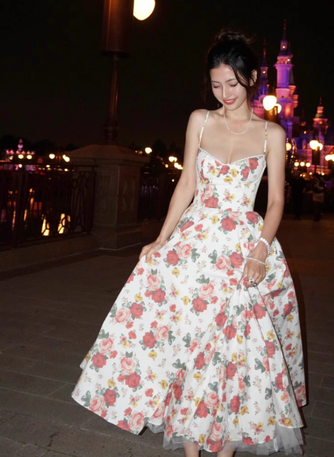Princess A Line Spaghetti Strap Print Floral Satin Prom Dress 16th Birthday Dress SH3982