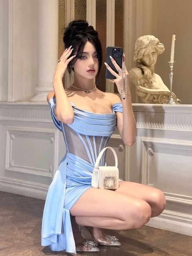 Sexy Sheath Off the Shoulder Corset Blue Satin Homecoming Dress Cocktail Dress SH3185