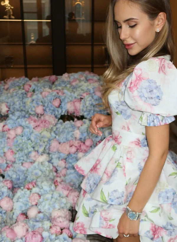 Blue Pink Print Floral A Line Puff V Neck Chiffon Short Homecoming Dress Outfits SH3700