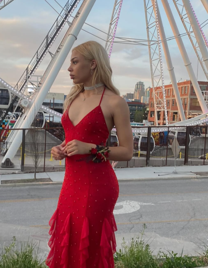 Red Exquisite Beaded Ruffle Flowy Chiffon Formal Party Dress Prom Dress Date Dress SH3532