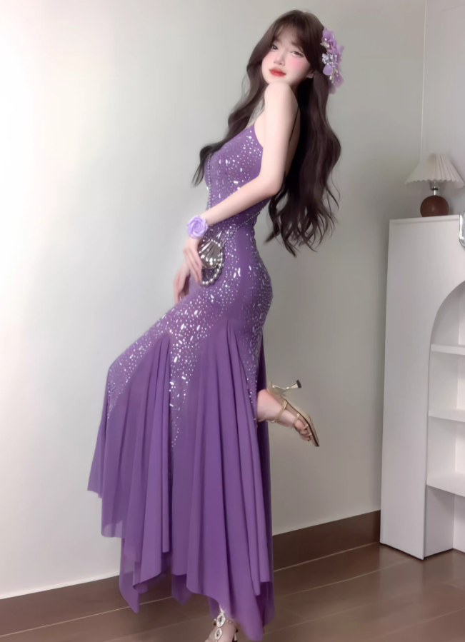 Purple Mermaid Spaghetti Strap Rhinestone Chiffon Prom Dress Vacation Dress Date Dress SH3986