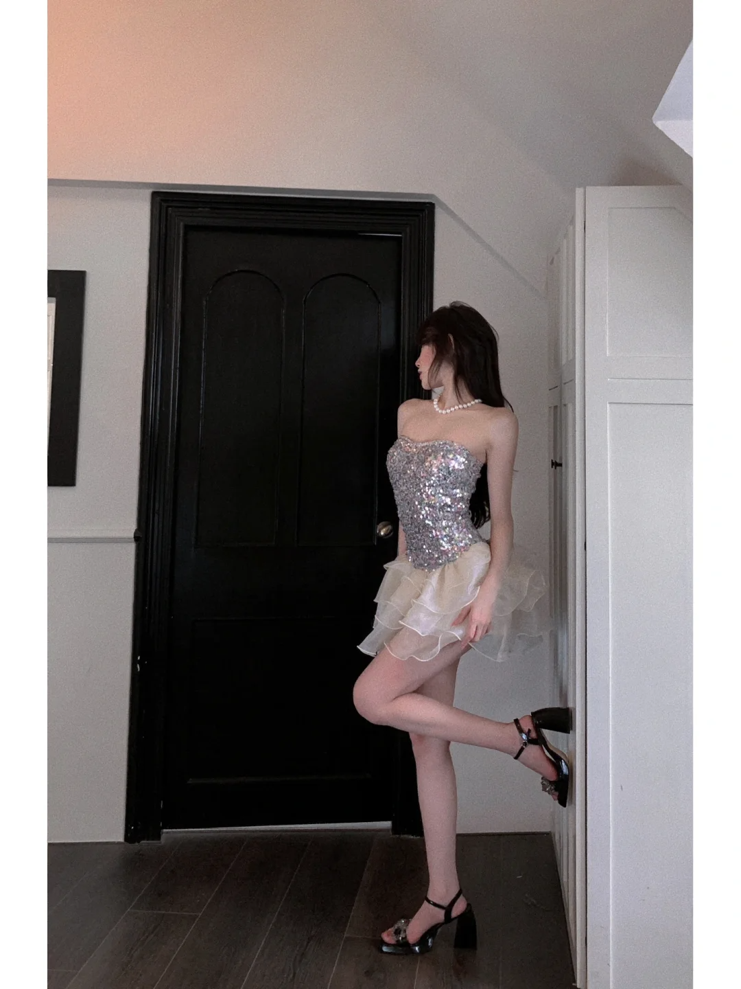 Shiny A Line Strapless Sequin Layered Organza Short Homecoming Dress Outfits SH5825