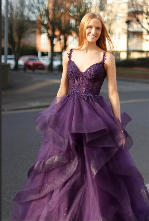 Dark Purple A Line Spaghetti Straps Beaded Ruffle Tulle Long Prom Dress Evening Dress SH8823