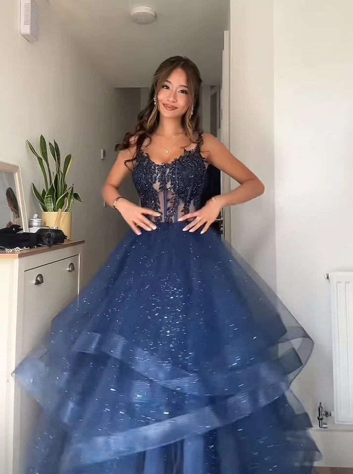 Unique Ball Gown Spaghetti Straps Navy Blue Tulle Lace Prom Dresses Party Dress 21st Birthday Outfits Graduation Dress SH6412