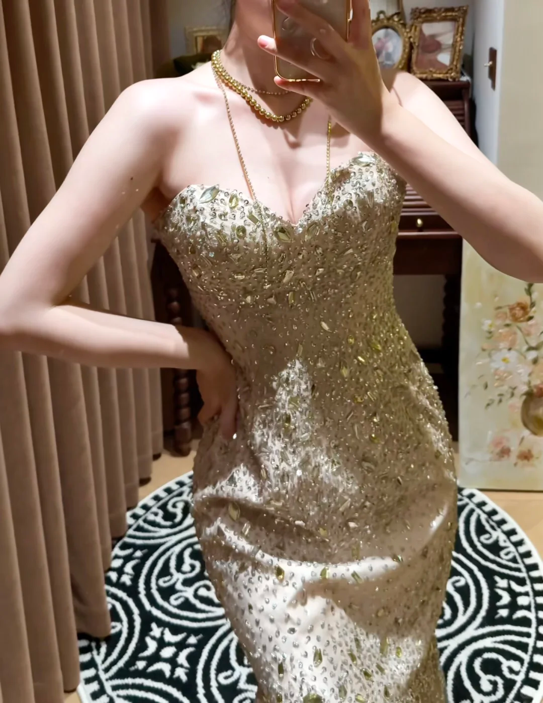 Champagne Mermaid Sweetheart Neck Rhinestone Organza Prom Dresses 18th Birthday Dresses SH4641