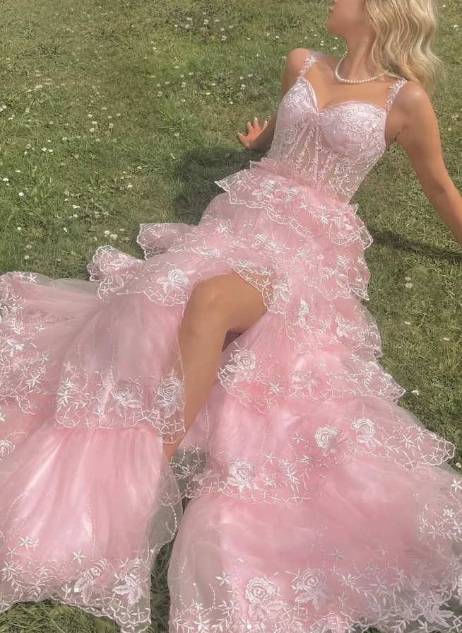 Princess A Line Strap Corset Tiered Embroidered Pink Tulle Prom Dress Evening Dress SH2186