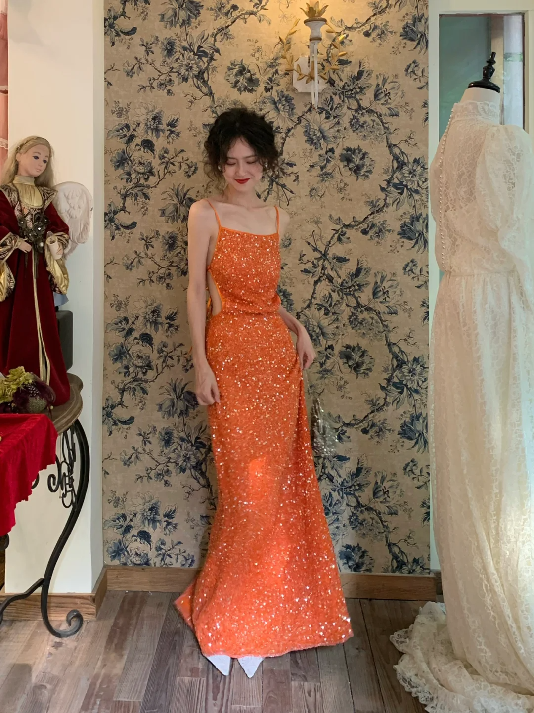 Vintage Orange Sheath Spaghetti Strap Beaded Chiffon Prom Dress 16th Birthday Dress SH4404