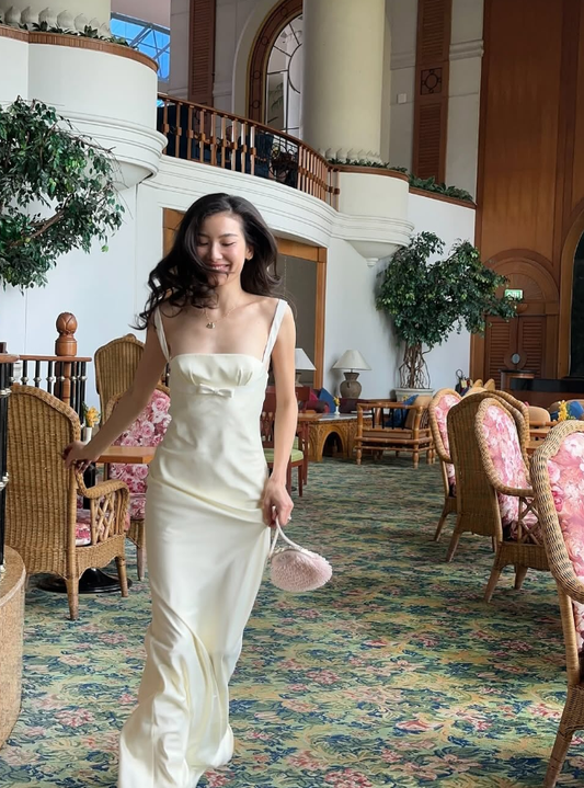 Simple Ivory A Line Straps Satin Long Wedding Guest Dress Party Dress SH3305