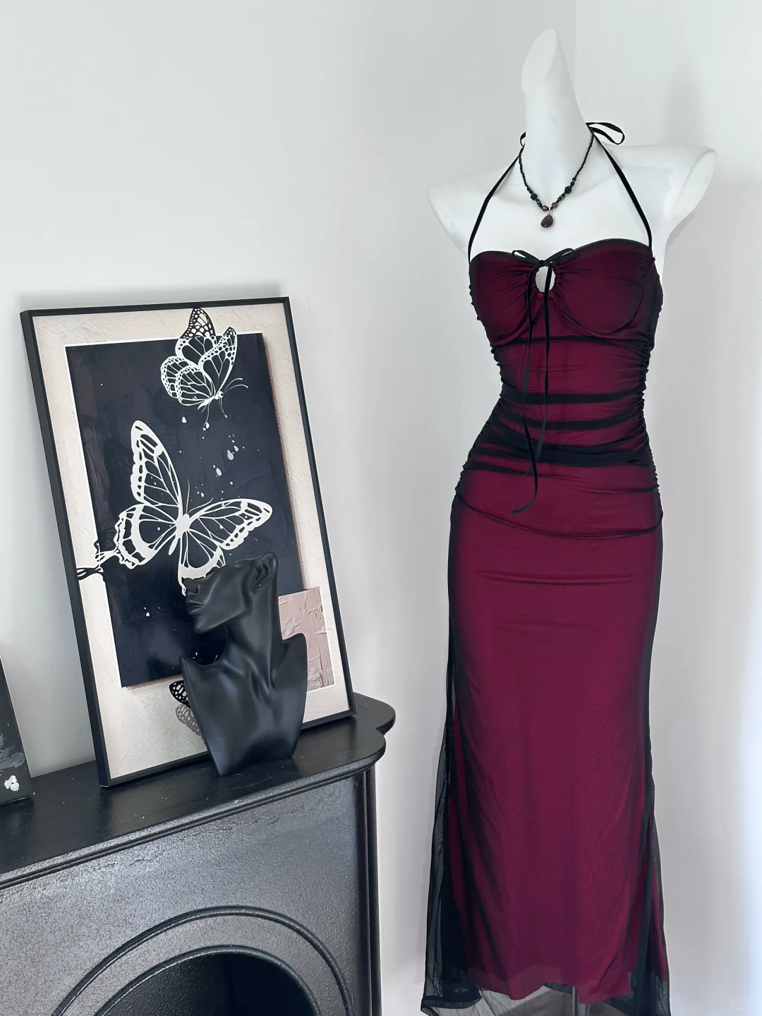 Classic Sexy Sheath Halter Black Chiffon Red Satin Open Back Long Even shinydress Classic Sexy Sheath Halter Black Chiffon Red Satin Open Back Long Even shinydress
