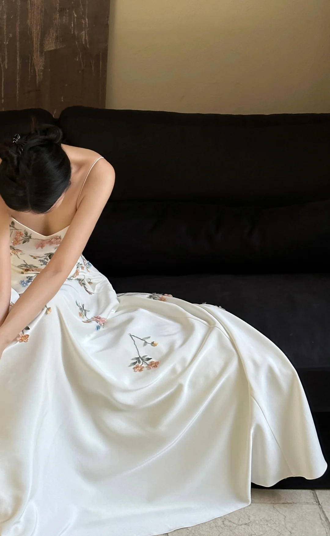 Elegant Floral A Line Spaghetti Strap White Satin Long Prom Dress Formal Dress 16th Birthday Dress SH3961