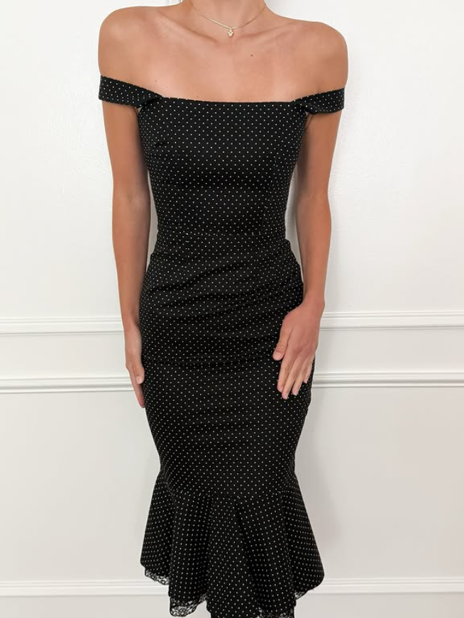 Vintage Mermaid Off the Shoulder Polka Dot Satin Tea Length Prom Dress Evening Dress SH6079
