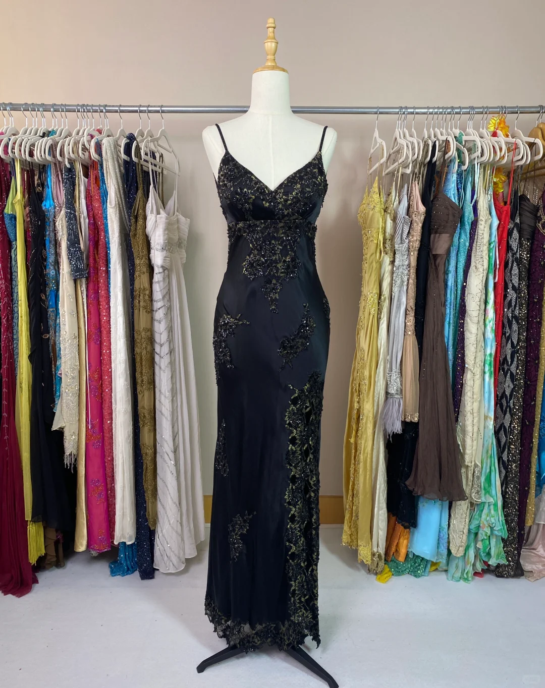 Vintage Sheath Spaghetti Strap Lace Champagne Satin Party Dress Evening Dress with Slit SH3345