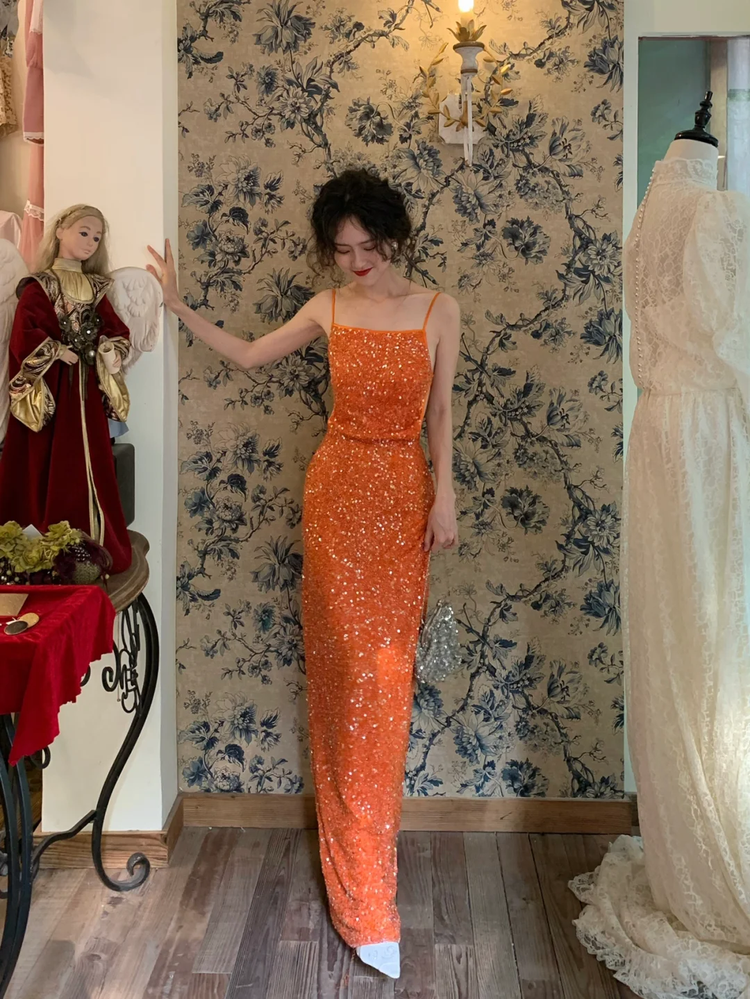 Vintage Orange Sheath Spaghetti Strap Beaded Chiffon Prom Dress 16th Birthday Dress SH4404