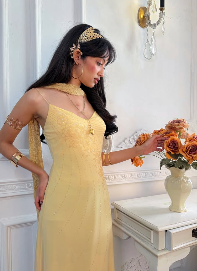 Yellow Vintage A Line Straps Exquisite Beaded Chiffon Prom Dress Graduation Prom Dress SH5489