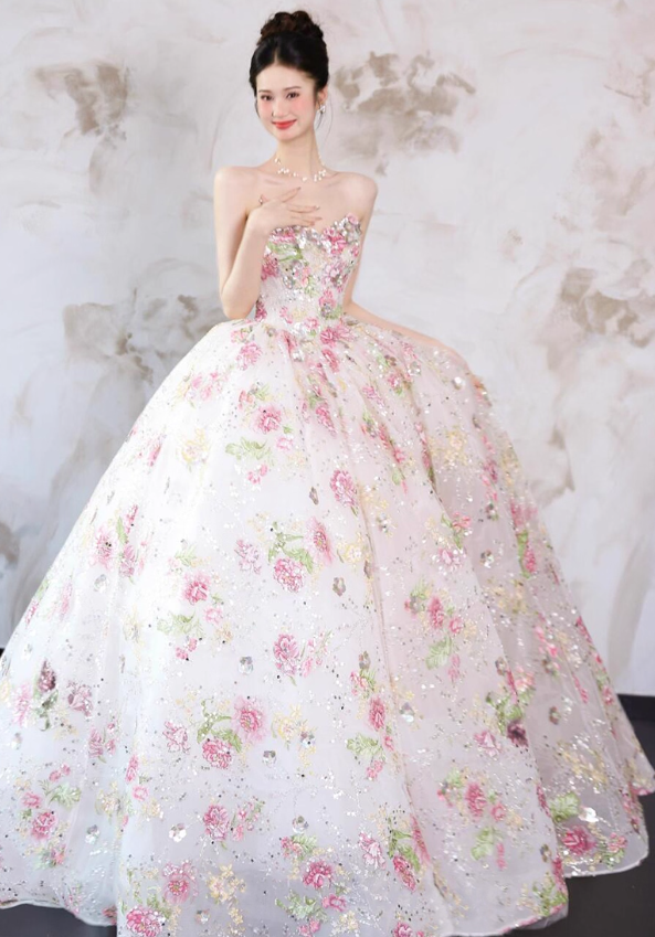 Exquisite Ball Gown Strapless Embroidery Floral Tulle Prom Dress 16th Birthday Dress SH4054