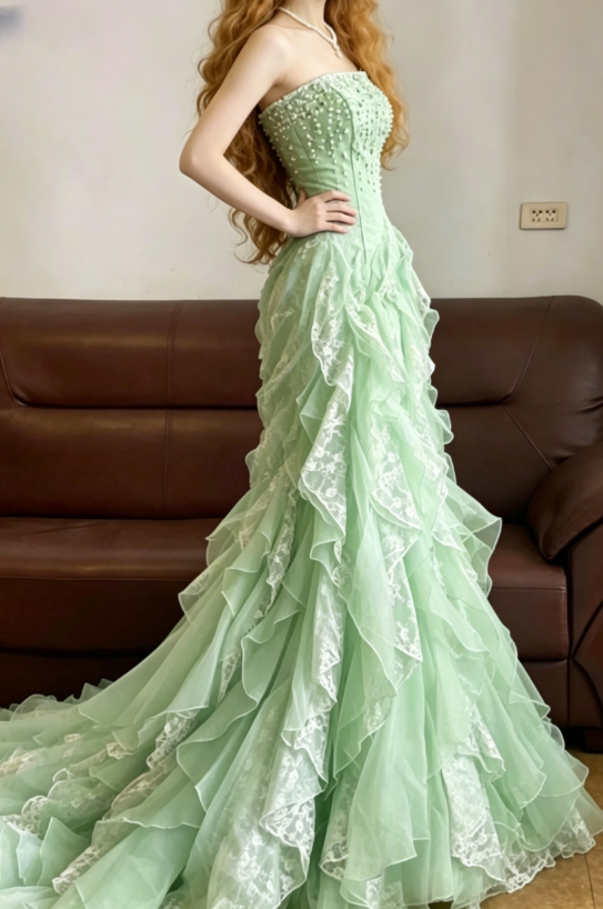 Baby Blue Mermaid Exquisite Beaded Layered Chiffon Lace Graduation Prom Dress Wedding Guest Dress SH5430