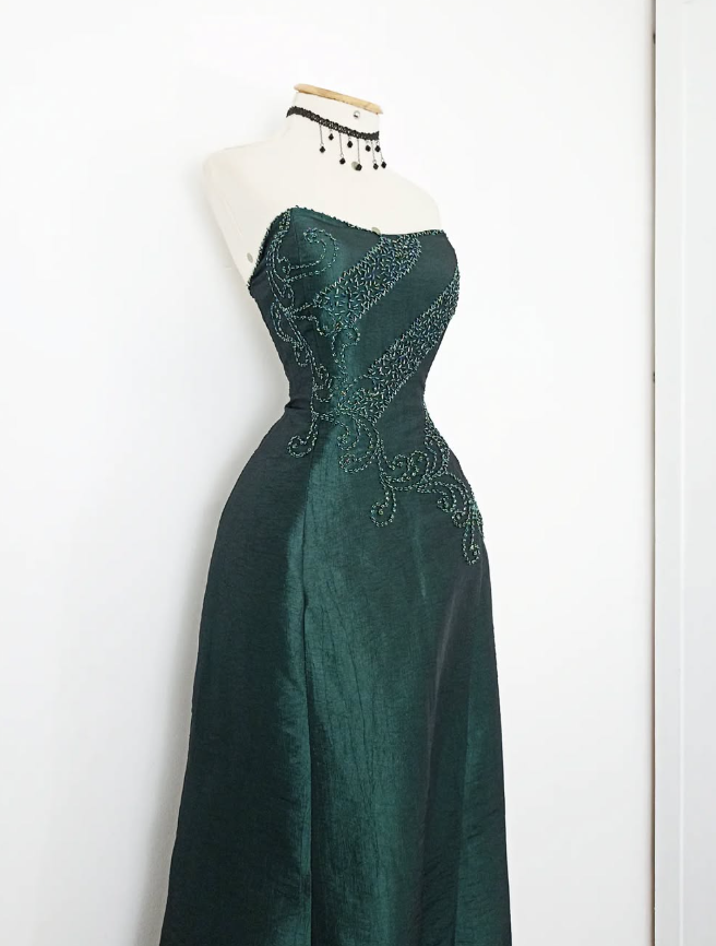 Vintage A Line Sweetheart Neck Green Beaded Satin Long Evening Dress Party Dress SH3170