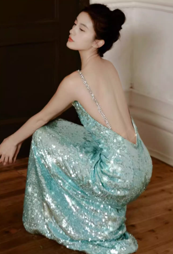Shiny Blue Sequin One Shoulder Rhinestone Prom Dress Evening Dress Open Back SH4058