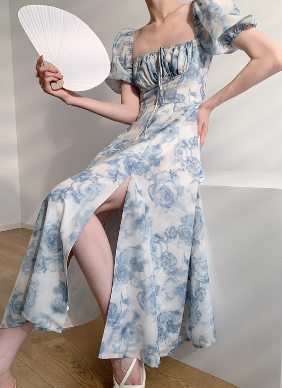 Blue Rose A Line Puff Chiffon Prom Dress Outfits with Slit SH4729