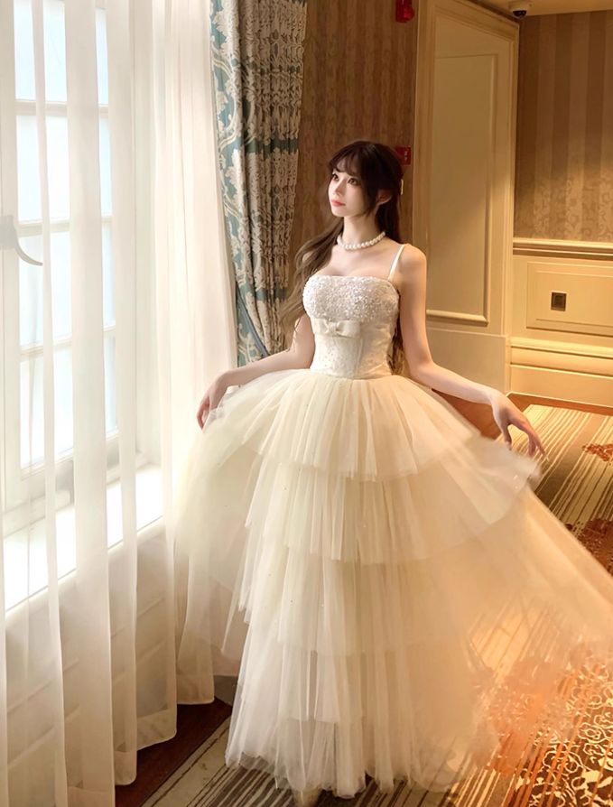 Cute Ball Gown Spaghetti Strap Beaded Layered Tulle Prom Dress 16th Birthday Dress SH4056