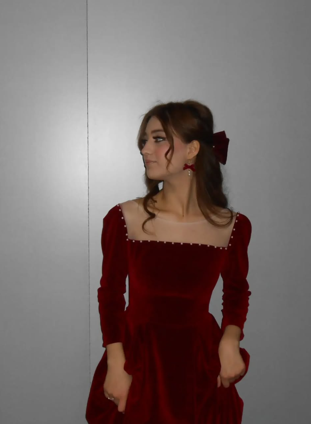 Red A Line Long Sleeve Pearl Velvet Long Prom Dress Formal Dress Party Dress SH3874