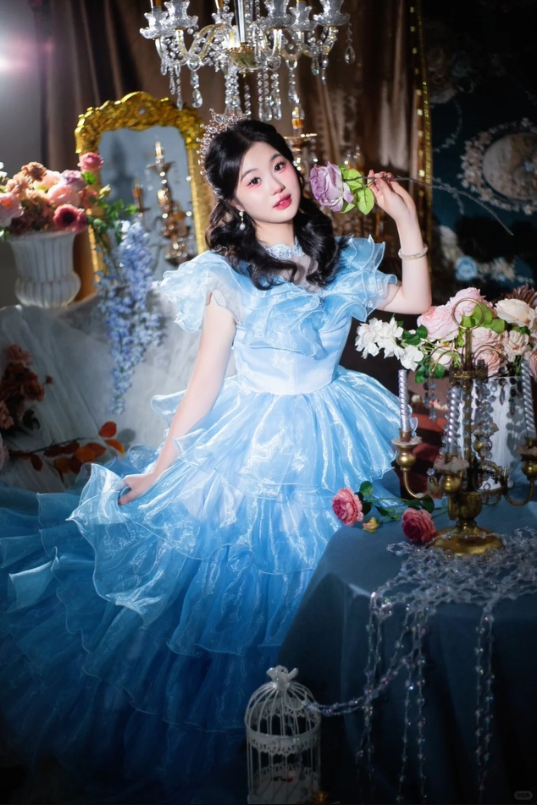 Blue Ball Gown Round Neck Layered Organza Prom Dress 16th Birthday Dress SH4089