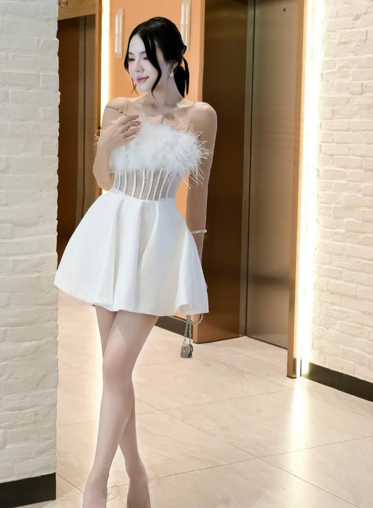 Cute White A Line Strapless Corset Feather Satin Short Homecoming Dress Cocktail Dress SH3303
