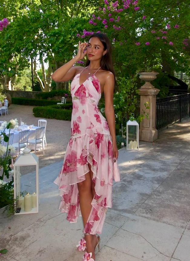 Pink Print Floral A Line Straps Ruffle Chiffon Prom Dress Party Dress SH4020