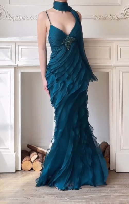 Peacock Blue Vintage Mermaid Spaghetti Strap Beaded Layered Chiffon Party Dress Prom Dress SH4116