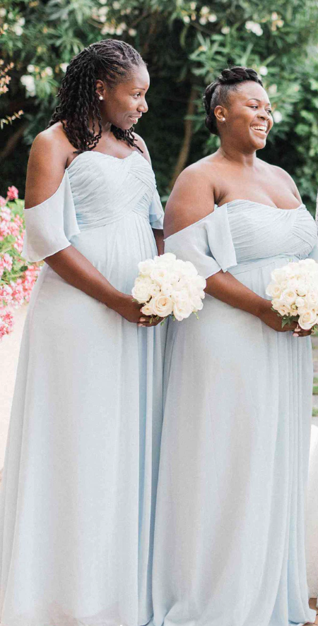 Baby Blue Chiffon Off The Shoulder A-line Bridesmaid Dresses SH5584