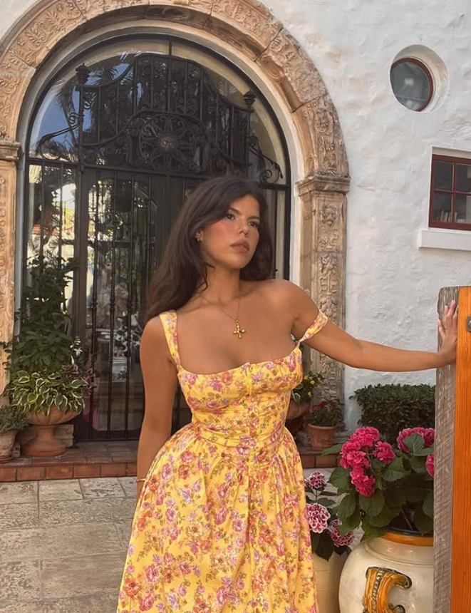 Cute A Line Spaghetti Strap Print Floral Yellow Satin Prom Dress Vacation Dress SH4570