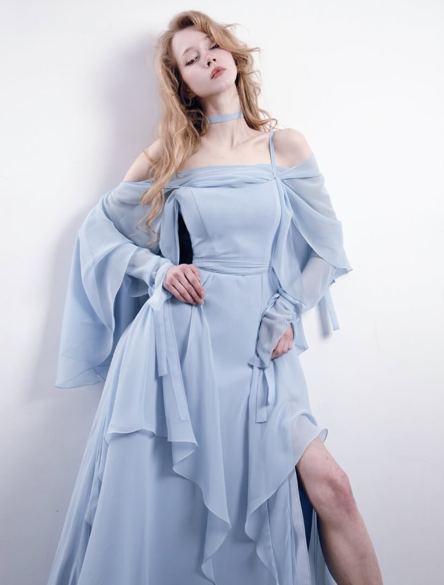Blue A Line Straps Chiffon Slit Long Prom Dress Evening Dress with Cape SH3319