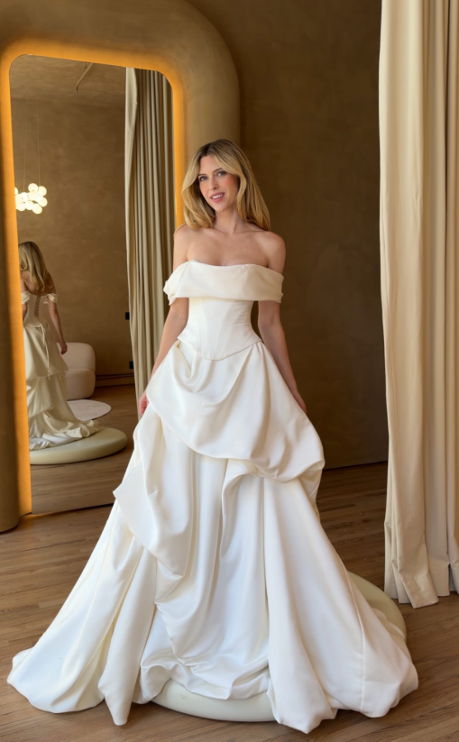 Pretty Ball Gown Off the Shoulder Pleated Satin Long Wedding Dress SH8386