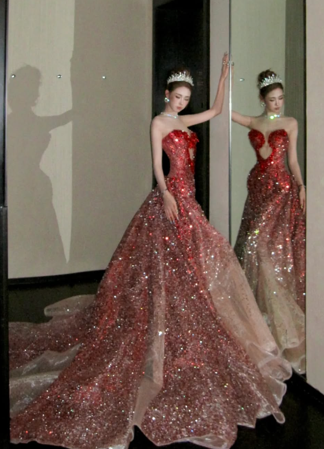 Mermaid Sweetheart Neck Red Ombre Sequin Tulle Long Prom Dress Graduation Prom Dress SH2460
