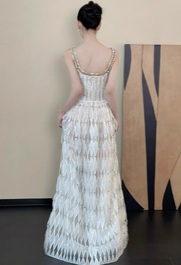 Gentle White A Line Straps Rhinestone Tulle Prom Dress Evening Dress 16th Birthday Dress SH4050
