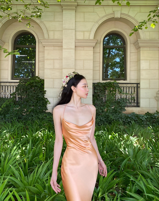 Simple Orange Sheath Spaghetti Strap Satin Open Back Prom Dress Party Dress SH4029