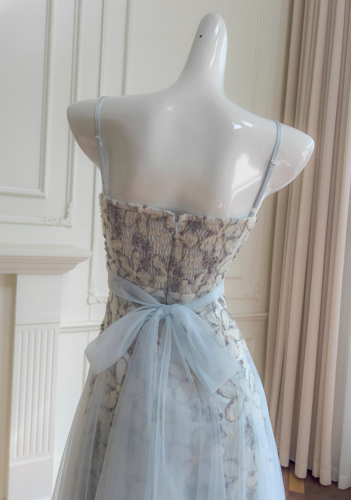 Stunning A Line Spaghetti Strap Floral Blue Tulle Prom Dress Wedding Guest Dress SH4505