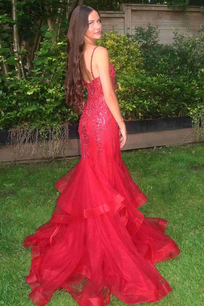 Mermaid Spaghetti Straps V-Neck Beaded Ruffles Long Prom Dress SH8190