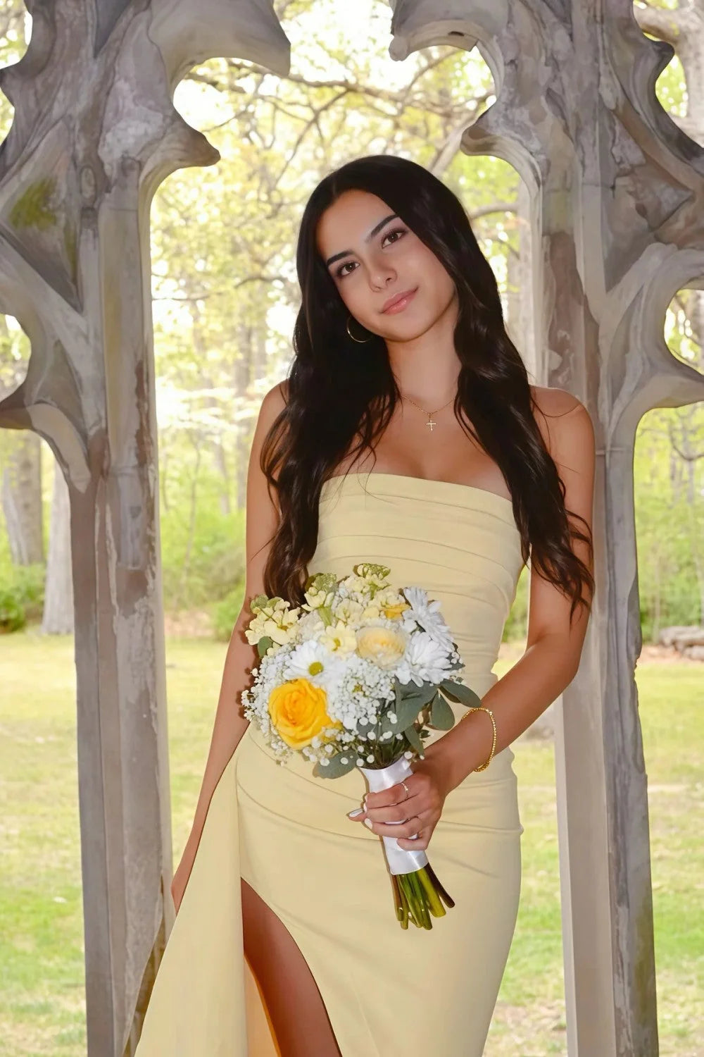 Simple Sheath Strapless Yellow Long Prom Dress with Split Front SH7798