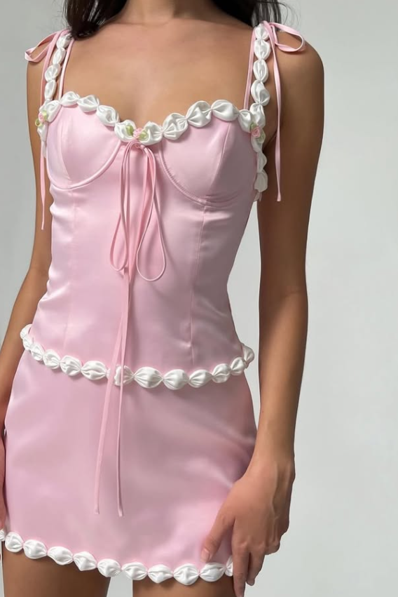 Pink Two Piece A Line Spaghetti Strap Satin Mini Homecoming Dress Birthday Dress SH3696