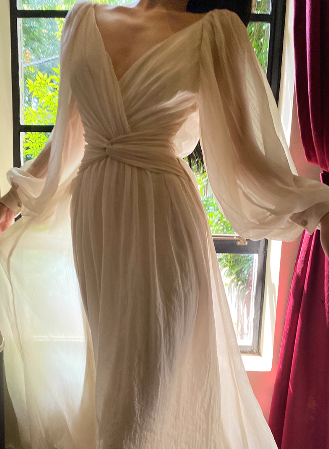 Elegant A Line Long Sleeve White Chiffon Long Prom Dress Party Dress SH4035