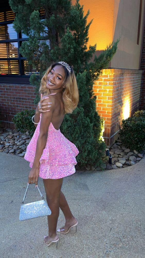 Sexy V-Neck Halter Pink Short Homecoming Dress Sequins Party Dress SH600