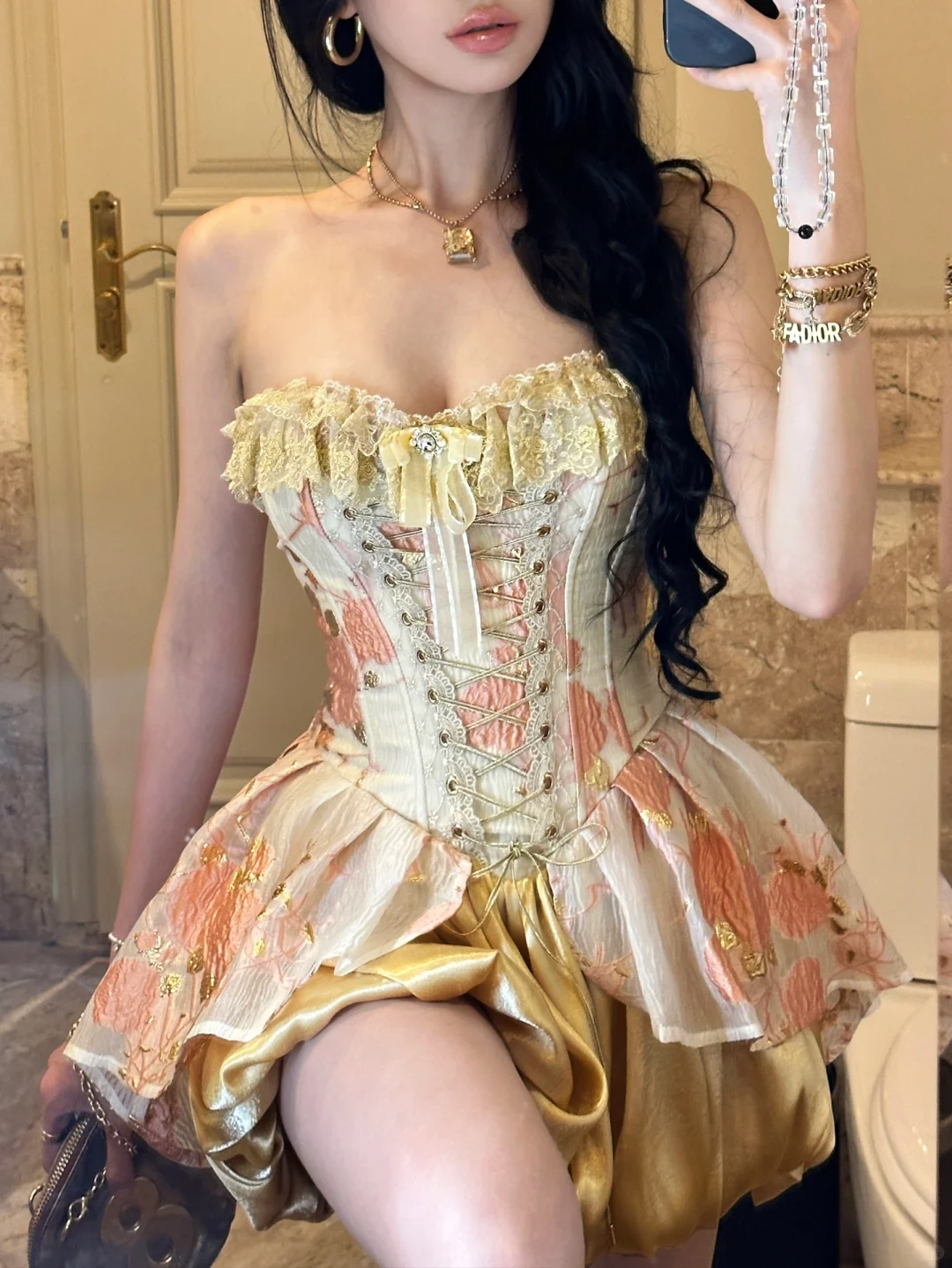 Golden A Line Sweetheart Neck Lace Satin Short Prom Dress Homecoming Dress SH4461